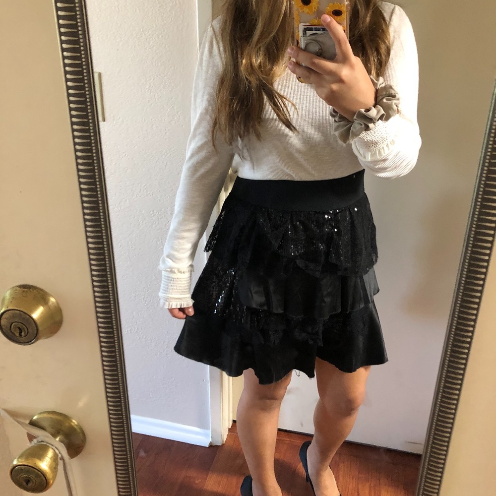 Black Sequin Distressed layered Skirt